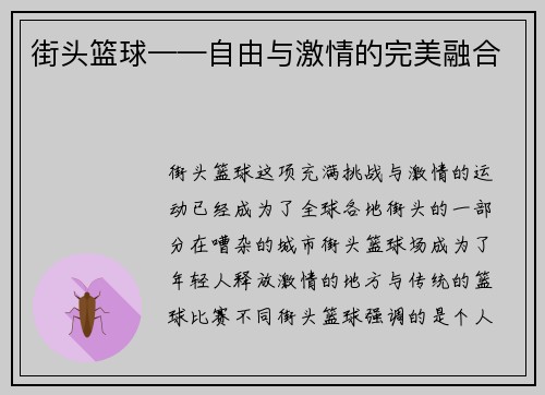街头篮球——自由与激情的完美融合