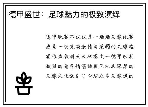 德甲盛世：足球魅力的极致演绎
