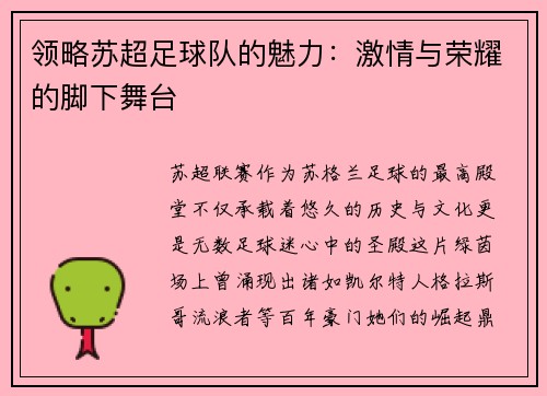 领略苏超足球队的魅力：激情与荣耀的脚下舞台