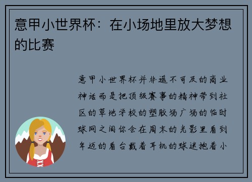 意甲小世界杯：在小场地里放大梦想的比赛