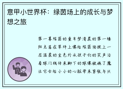 意甲小世界杯：绿茵场上的成长与梦想之旅